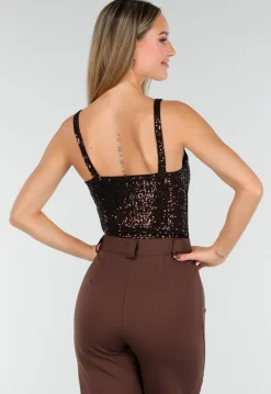 Bruine Sequin Bodysuit met Diepe V-Hals en Pailletten