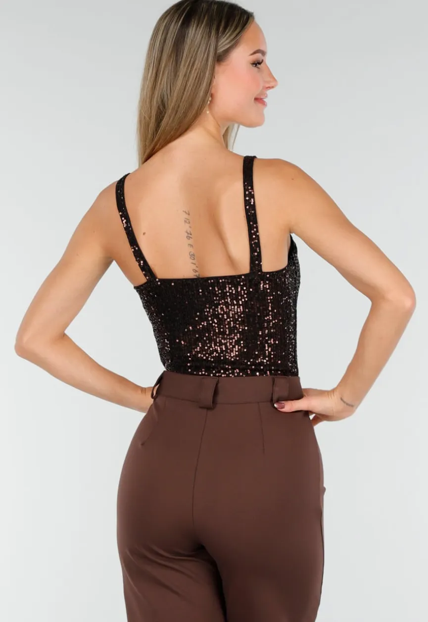 Bruine Sequin Bodysuit met Diepe V-Hals en Pailletten