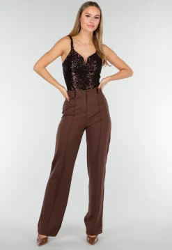 Bruine Sequin Bodysuit met Diepe V-Hals en Pailletten