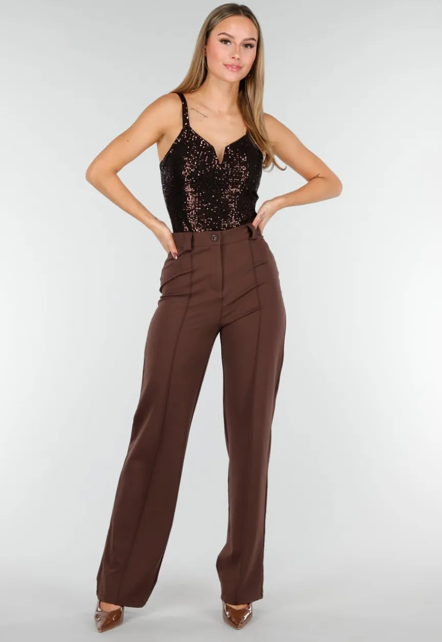 Bruine Sequin Bodysuit met Diepe V-Hals en Pailletten