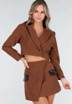 Bruine Set met Rok en Blazer met Lederlookdetails