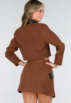 Bruine Set met Rok en Blazer met Lederlookdetails