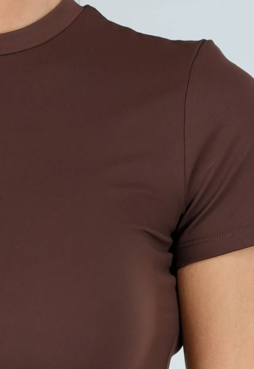 Bruine Sporttop met Ronde Hals, Korte Mouwen en Stretch
