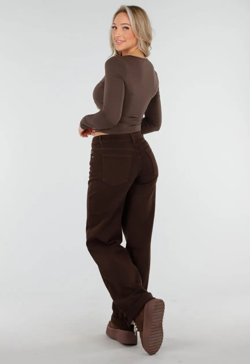 Bruine Straight Leg Stretch Jeans met Hoge Taille en Rechte Pijpen