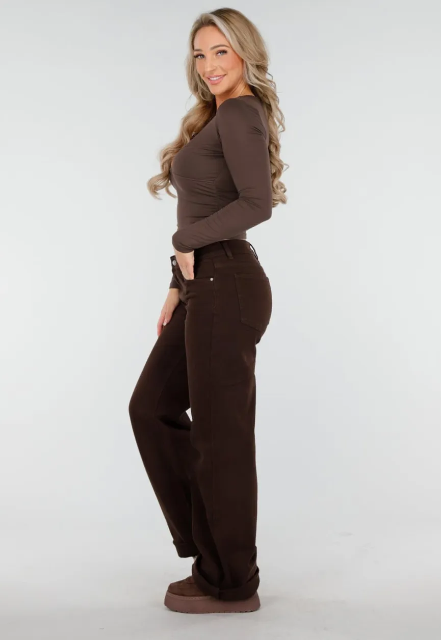 Bruine Straight Leg Stretch Jeans met Hoge Taille en Rechte Pijpen