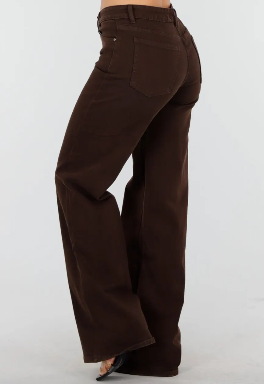 Bruine Straight Leg Stretch Jeans met Hoge Taille en Rechte Pijpen