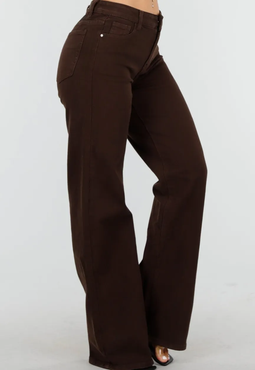 Bruine Straight Leg Stretch Jeans met Hoge Taille en Rechte Pijpen