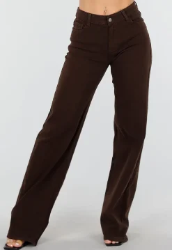 Bruine Straight Leg Stretch Jeans met Hoge Taille en Rechte Pijpen