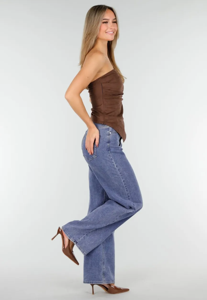 Bruine Strapless Suede Top met Stretch en Plooien