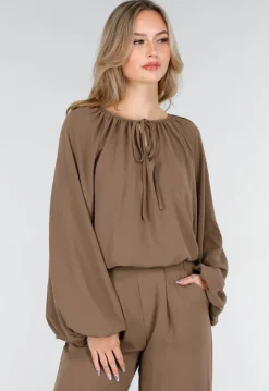 Bruine Stretch Blouse met Striksluiting en Wijde Mouwen