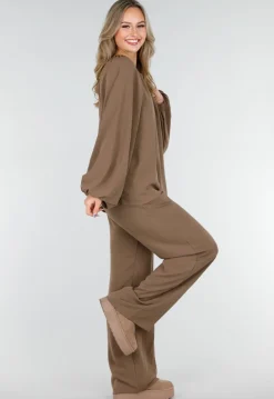 Bruine Stretch Blouse met Striksluiting en Wijde Mouwen