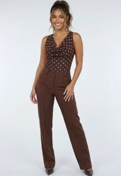 Bruine Stretch Mesh Body met Stippen en Watervalhals