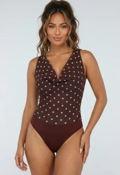 Bruine Stretch Mesh Body met Stippen en Watervalhals