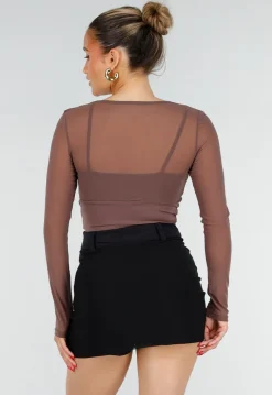 Bruine Stretch Mesh Crop Top met Losse Top en Pads