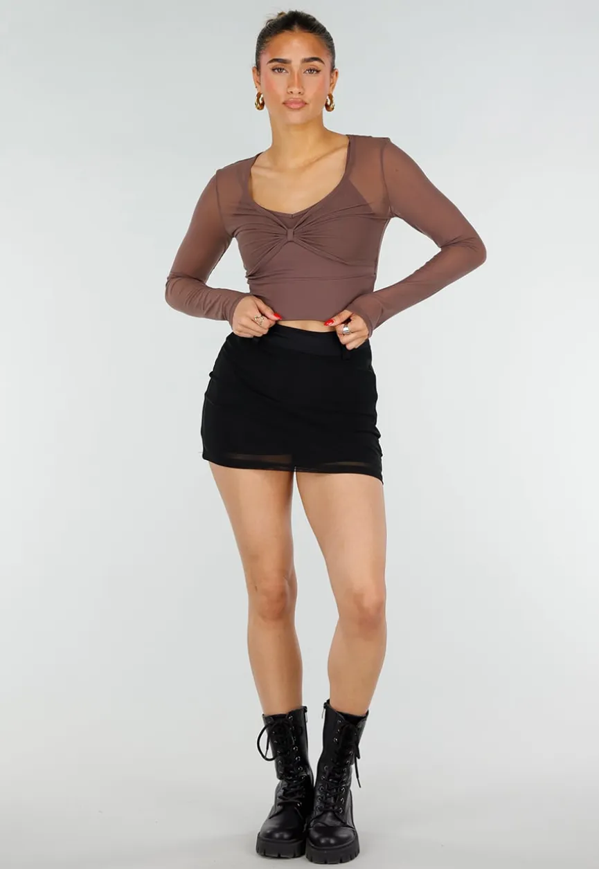 Bruine Stretch Mesh Crop Top met Losse Top en Pads