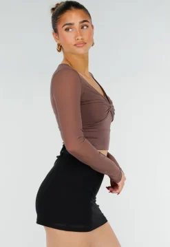 Bruine Stretch Mesh Crop Top met Losse Top en Pads