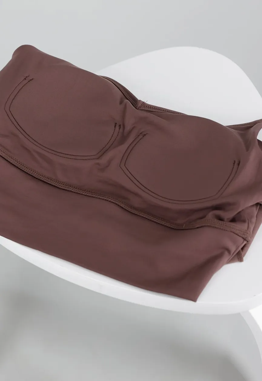 Bruine Stretch Mesh Crop Top met Losse Top en Pads