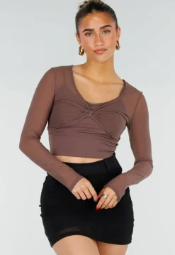 Bruine Stretch Mesh Crop Top met Losse Top en Pads