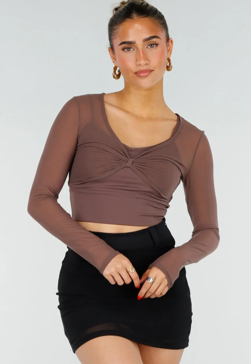 Bruine Stretch Mesh Crop Top met Losse Top en Pads