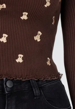 Bruine Stretch Rib Top met Teddybeertjes en Vierkante Halslijn