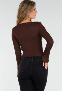 Bruine Stretch Rib Top met Teddybeertjes en Vierkante Halslijn
