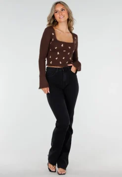 Bruine Stretch Rib Top met Teddybeertjes en Vierkante Halslijn