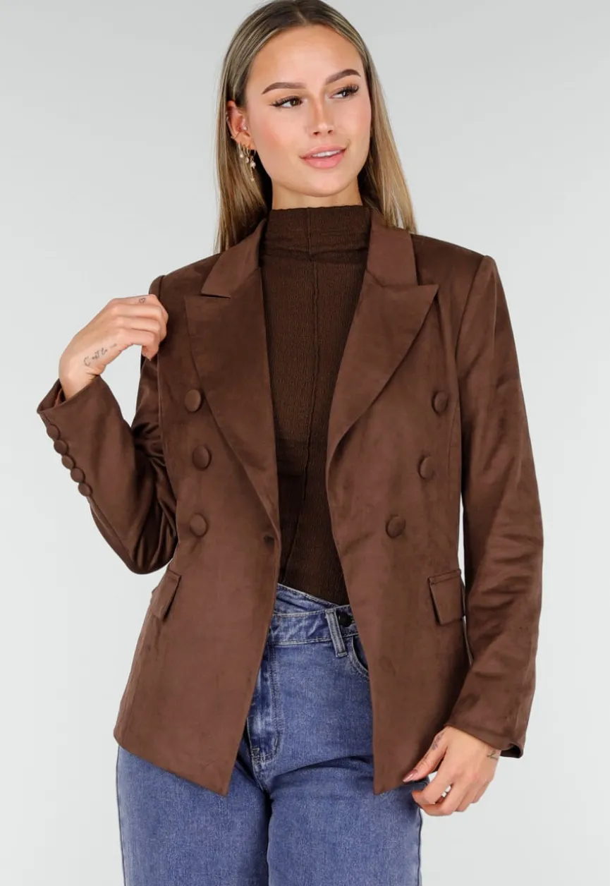 Bruine Stretch Suede Double Breasted Blazer
