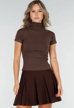 Bruine Stretch Top met Col en Korte Mouwen