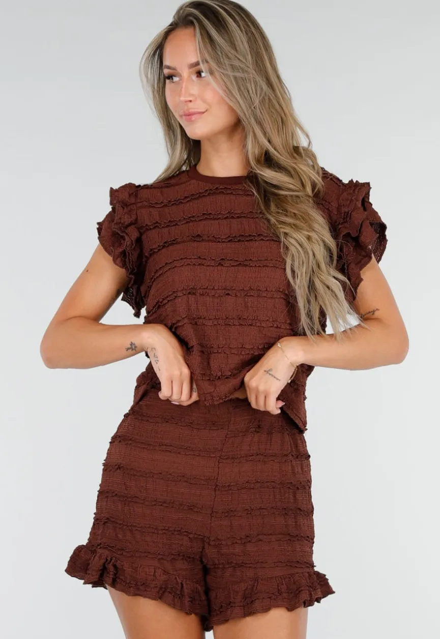 Bruine Stretch Two Piece met Ruches en Shorts