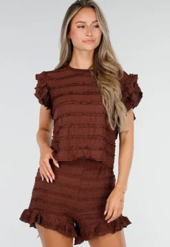 Bruine Stretch Two Piece met Ruches en Shorts