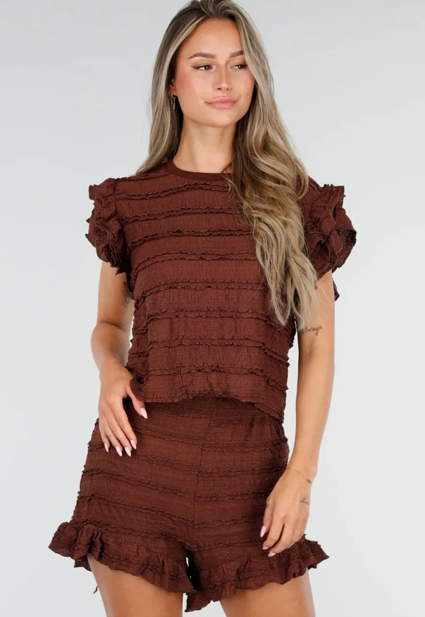 Bruine Stretch Two Piece met Ruches en Shorts