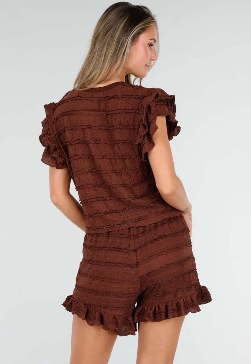Bruine Stretch Two Piece met Ruches en Shorts