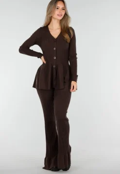 Bruine Stretch Two-Piece Set met Flared Broek en Knopen Top