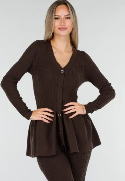 Bruine Stretch Two-Piece Set met Flared Broek en Knopen Top