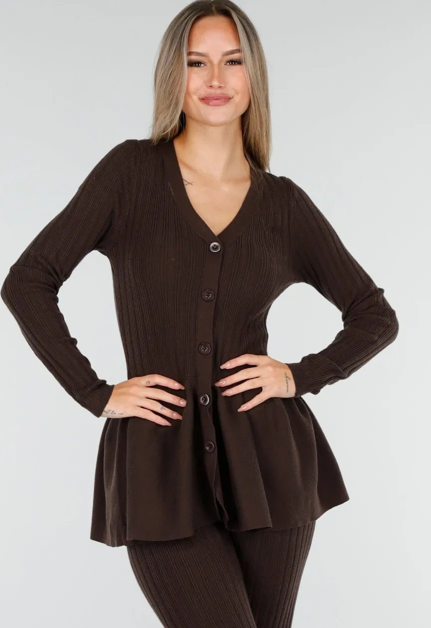 Bruine Stretch Two-Piece Set met Flared Broek en Knopen Top