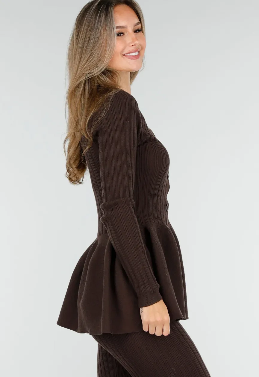 Bruine Stretch Two-Piece Set met Flared Broek en Knopen Top