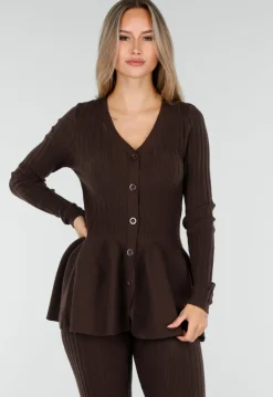 Bruine Stretch Two-Piece Set met Flared Broek en Knopen Top