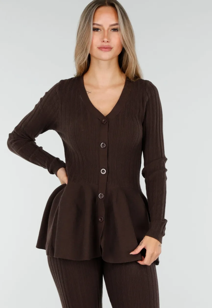 Bruine Stretch Two-Piece Set met Flared Broek en Knopen Top