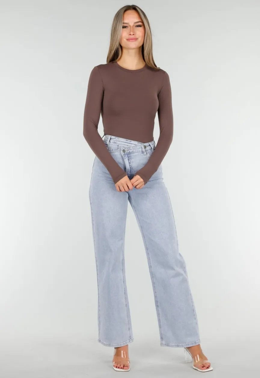 Bruine String Bodysuit met Lange Mouwen en Stretch