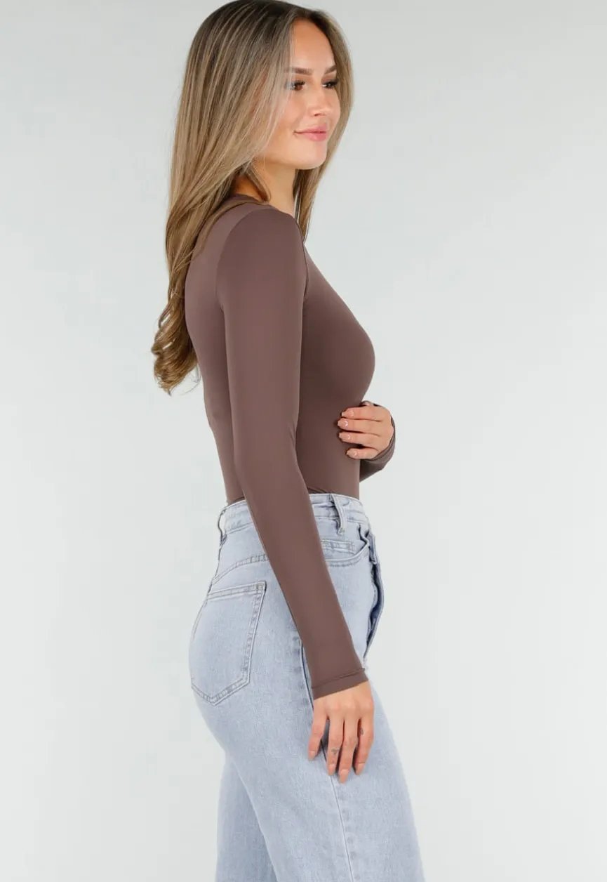 Bruine String Bodysuit met Lange Mouwen en Stretch