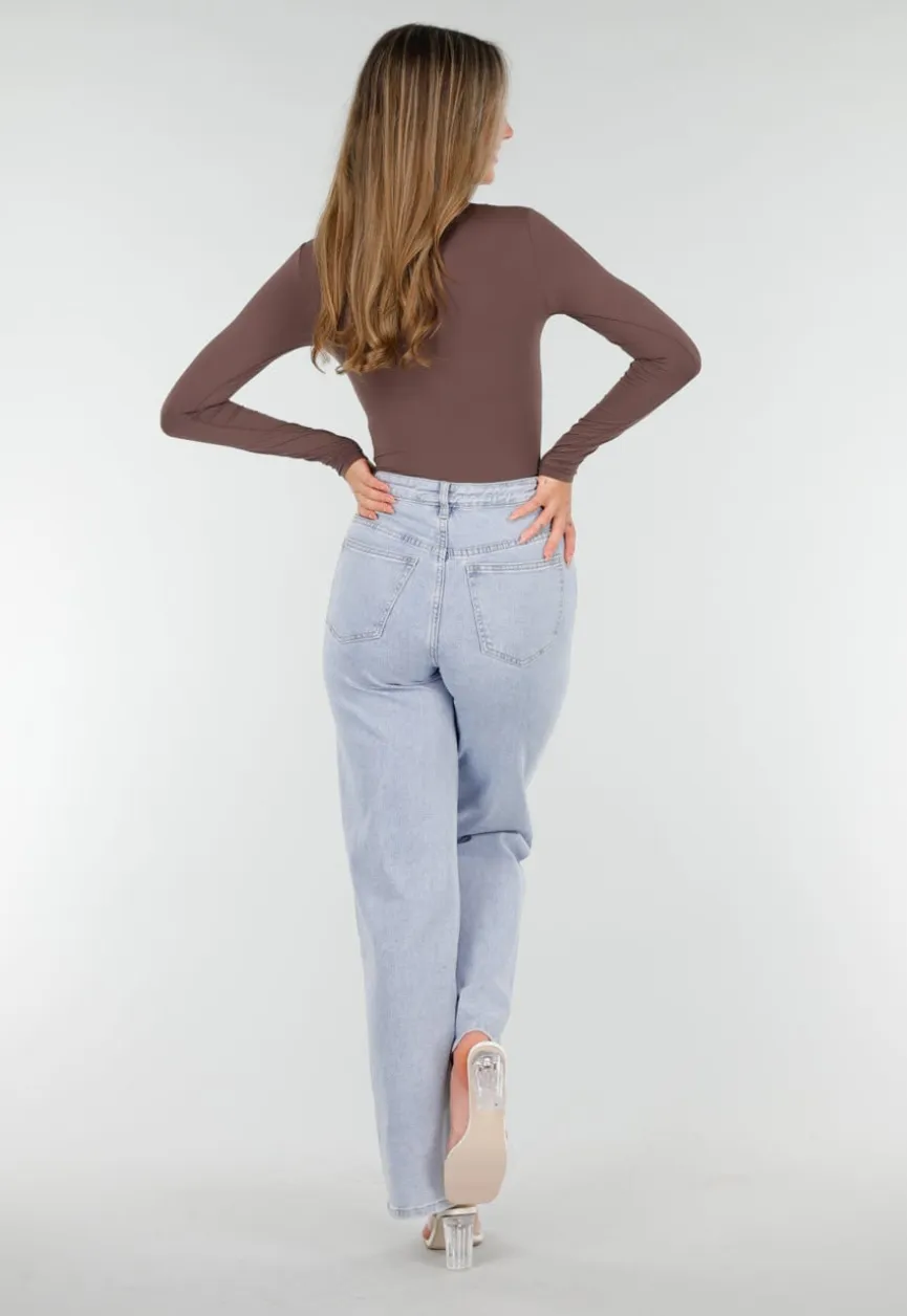 Bruine String Bodysuit met Lange Mouwen en Stretch