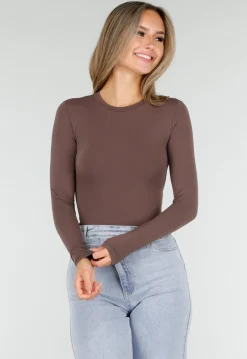 Bruine String Bodysuit met Lange Mouwen en Stretch
