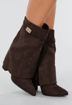 Bruine Suède Look Enkellaarzen met Omslag en Gesp