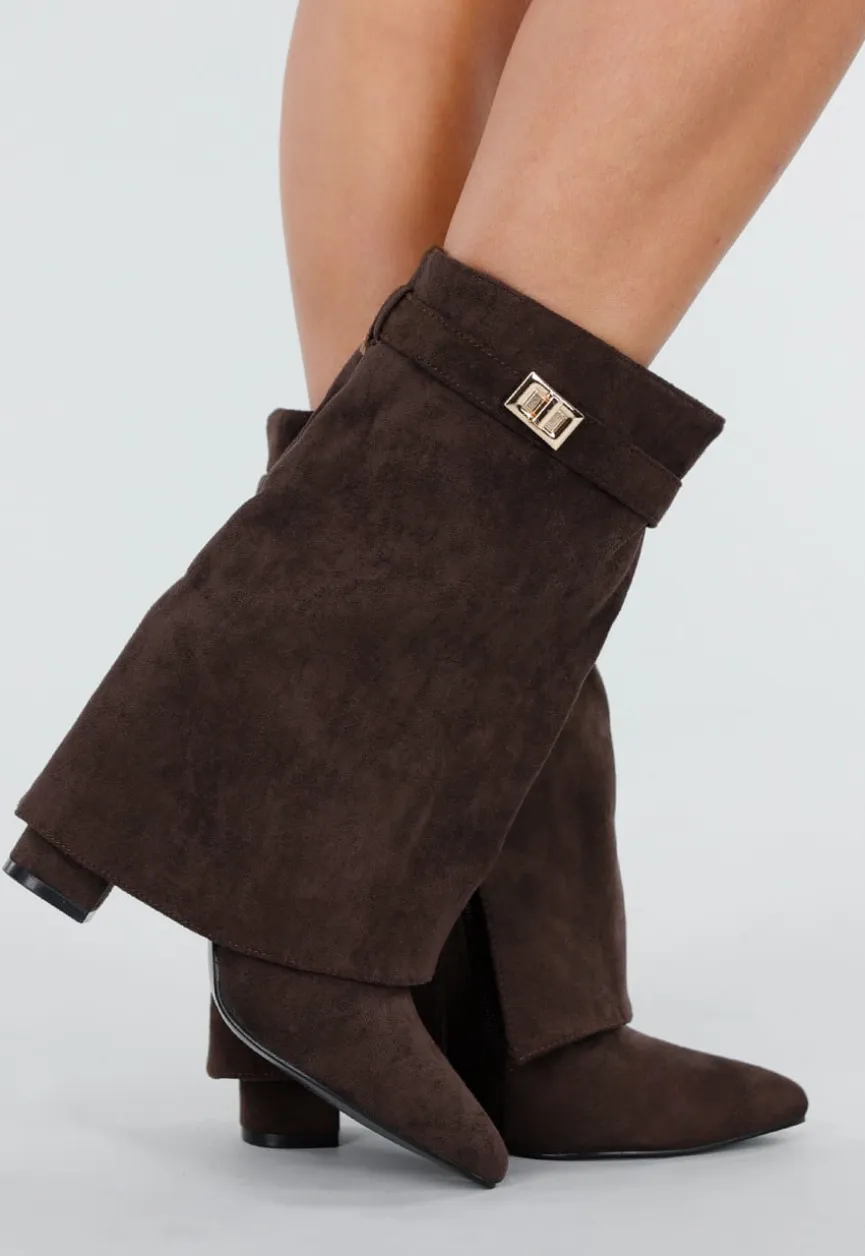 Bruine Suède Look Enkellaarzen met Omslag en Gesp