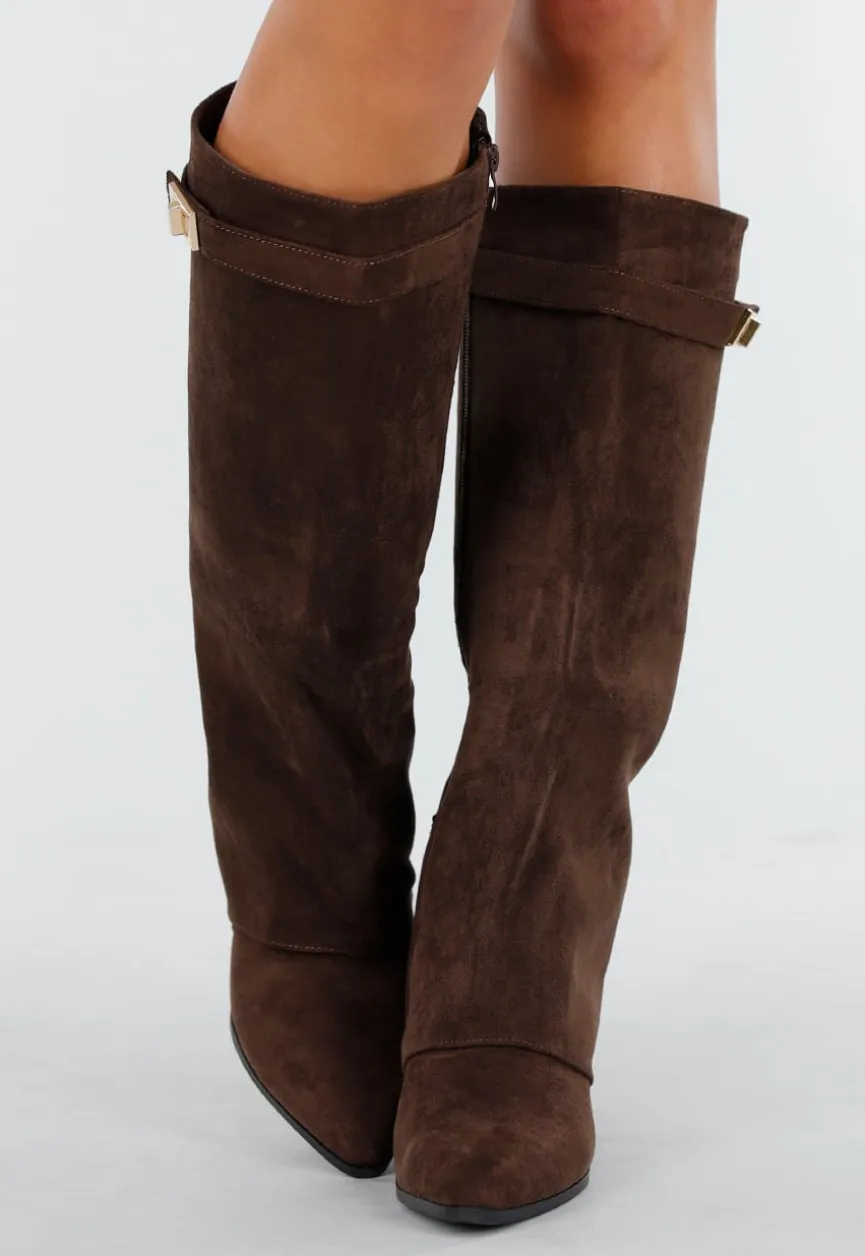 Bruine Suède-Look Laarzen met Gouden Gesp