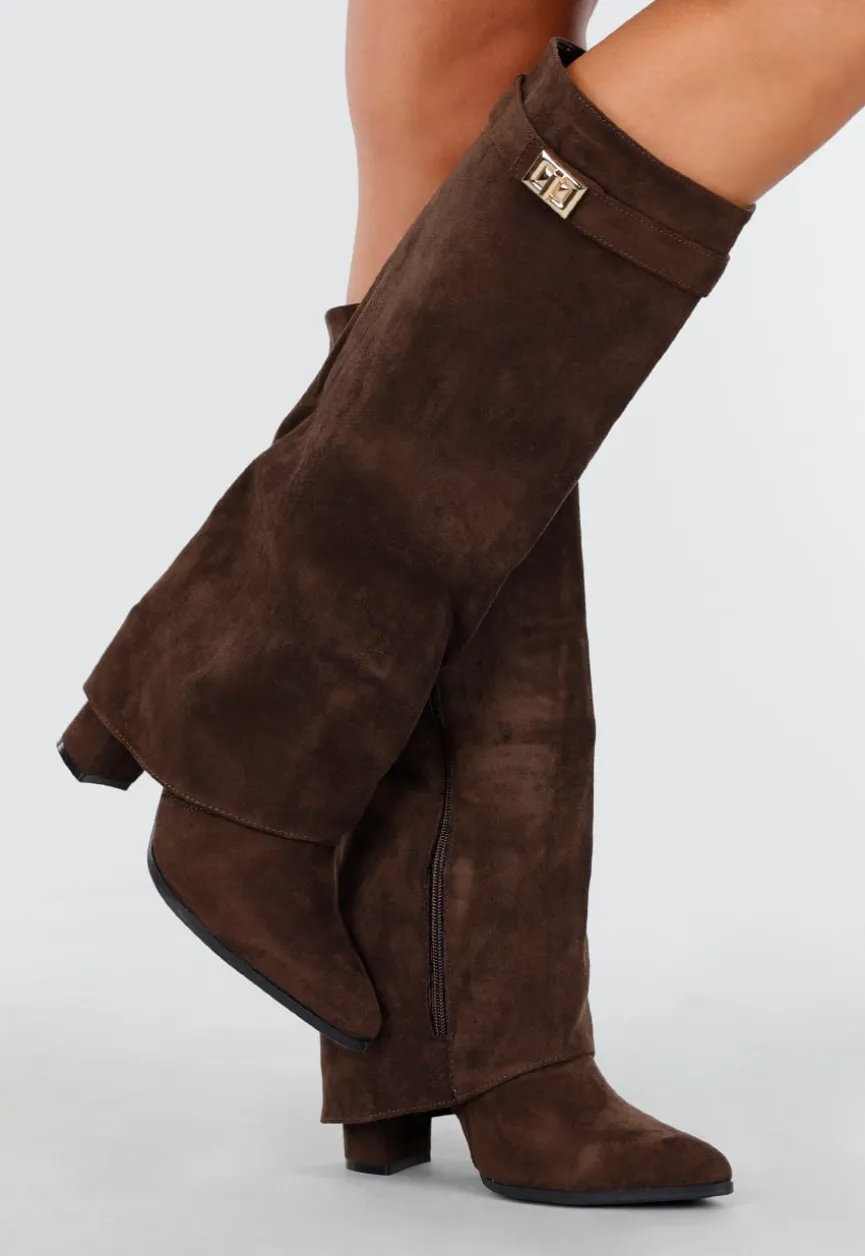 Bruine Suède-Look Laarzen met Gouden Gesp