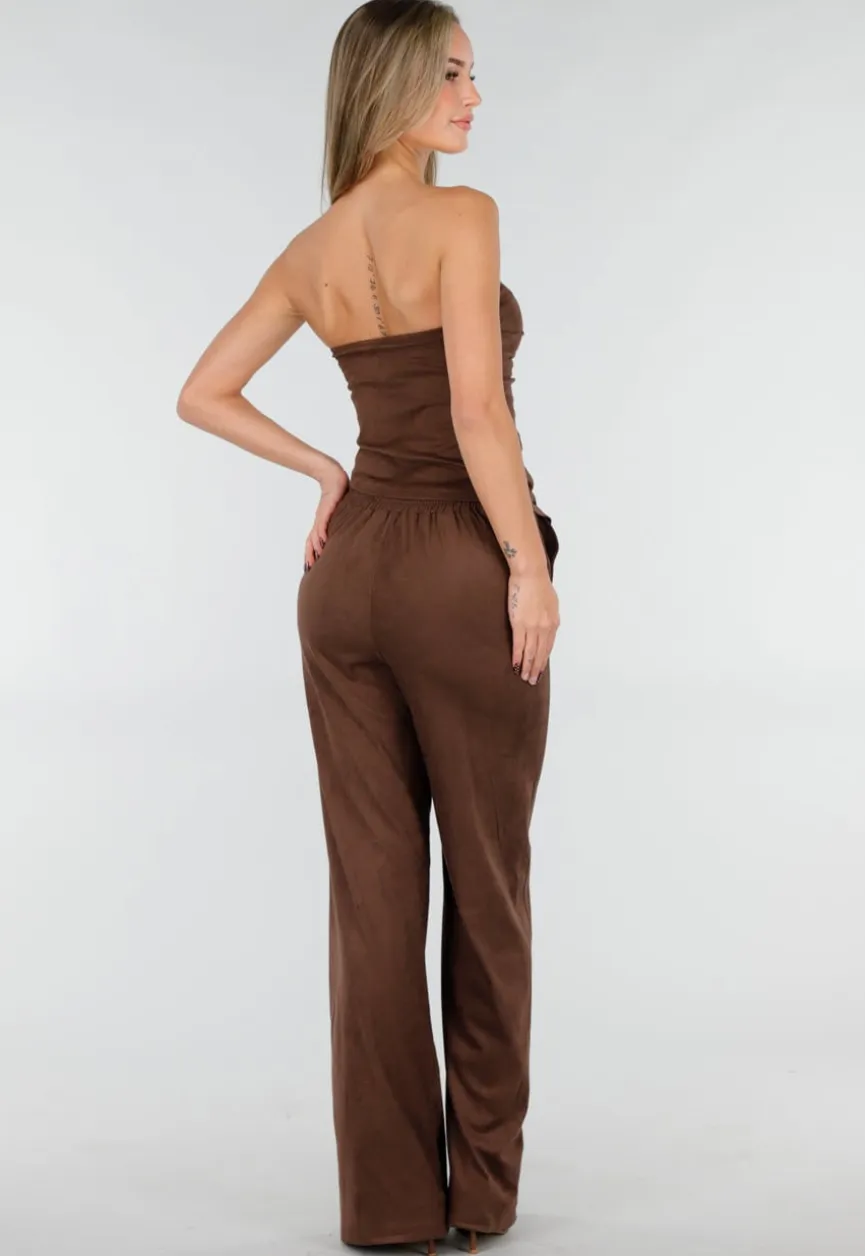 Bruine Suède Pantalon met Rechte Pijpen en Naaddetails
