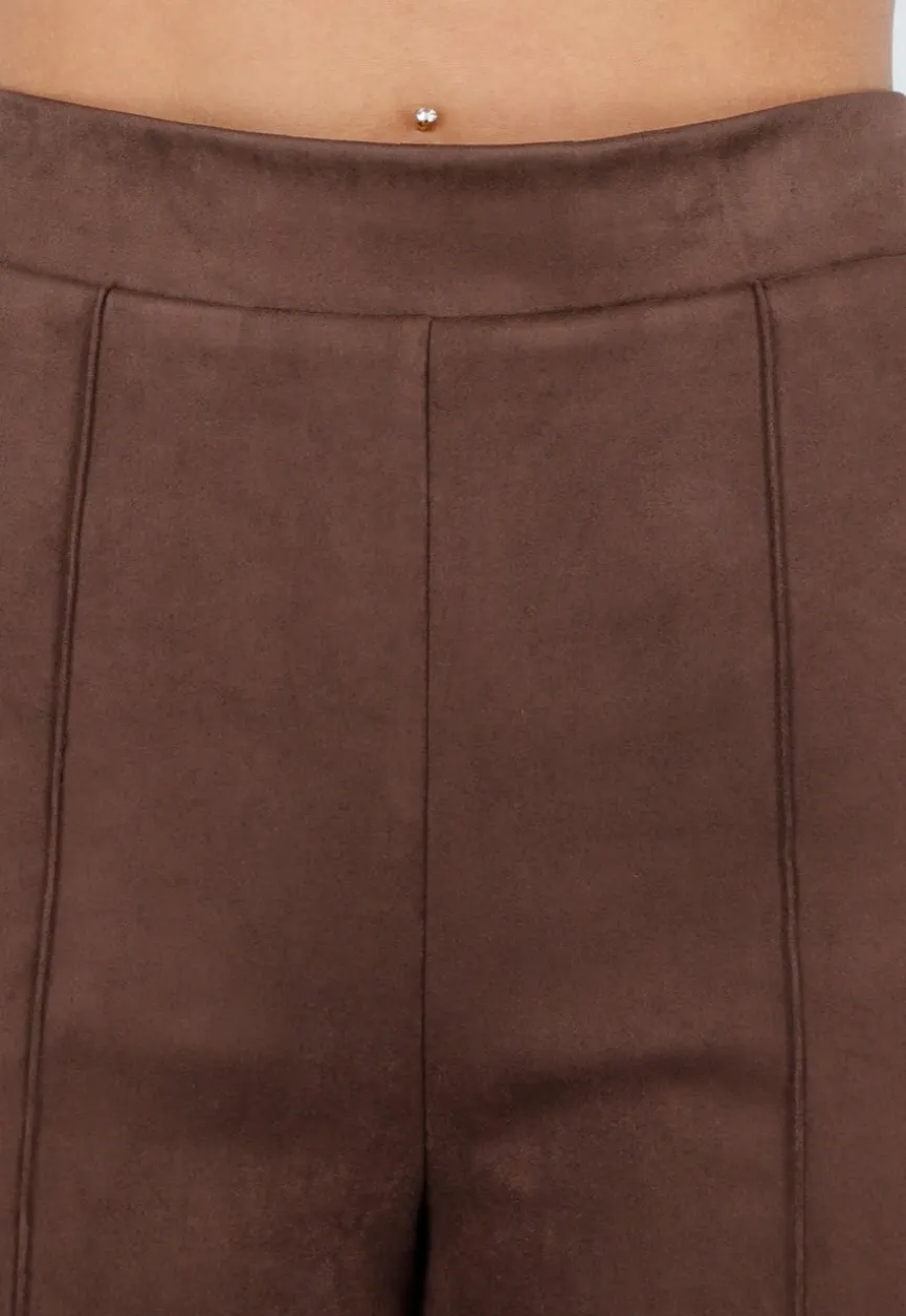 Bruine Suède Pantalon met Rechte Pijpen en Naaddetails