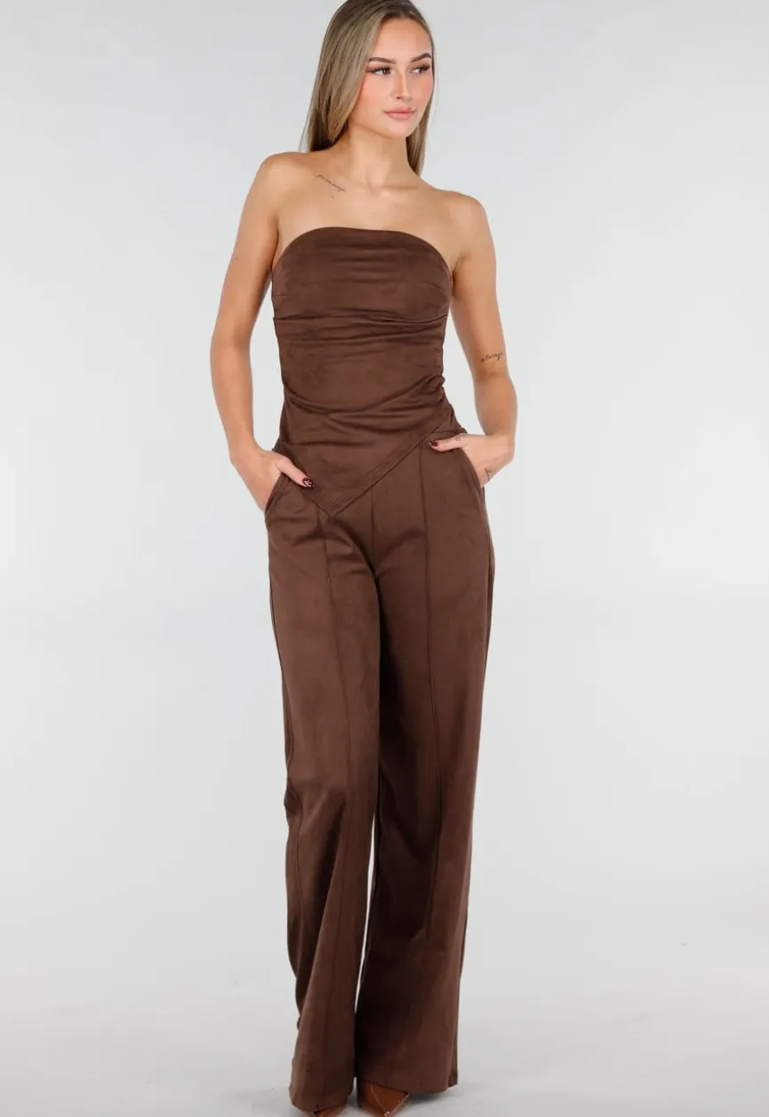 Bruine Suède Pantalon met Rechte Pijpen en Naaddetails