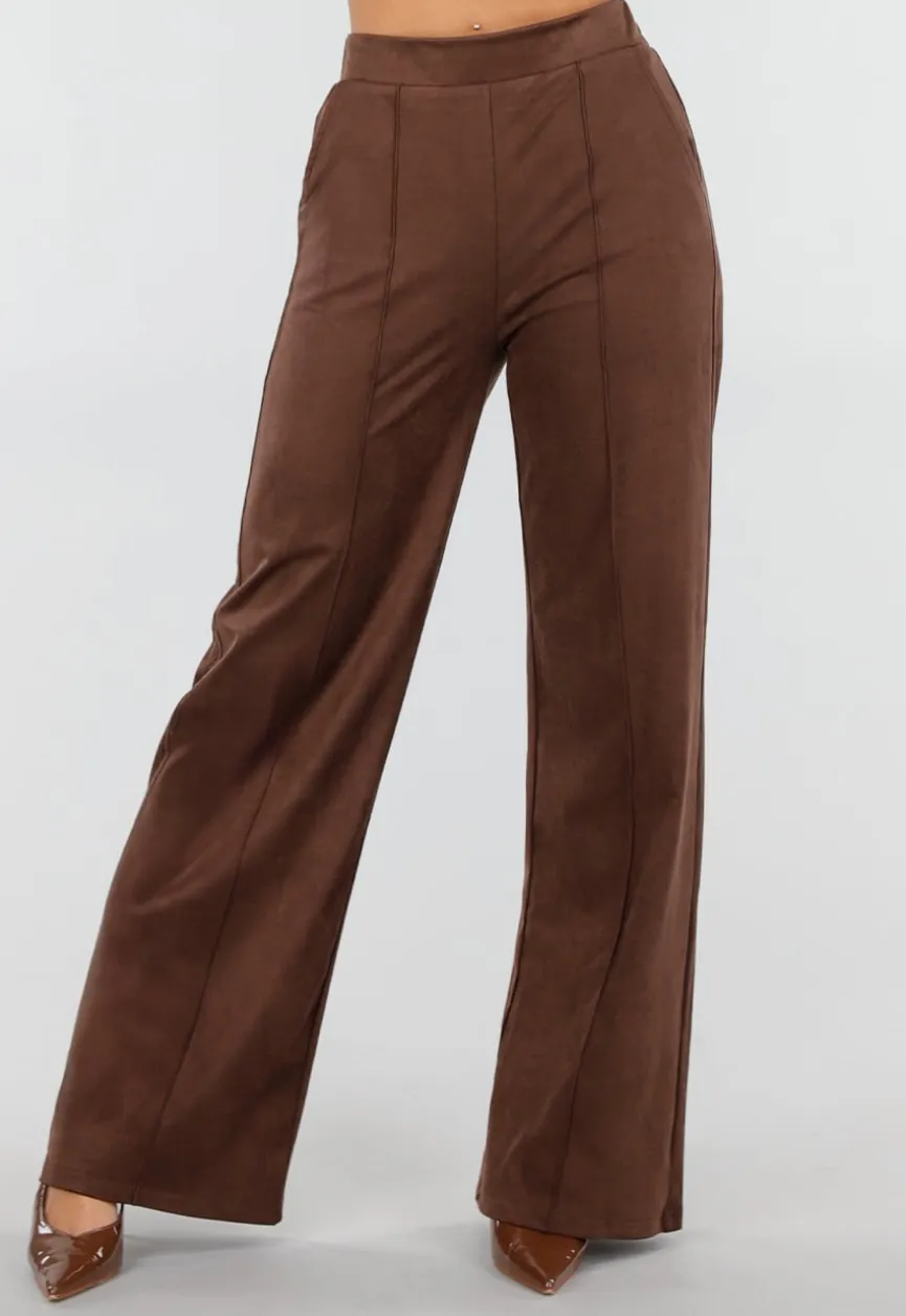 Bruine Suède Pantalon met Rechte Pijpen en Naaddetails